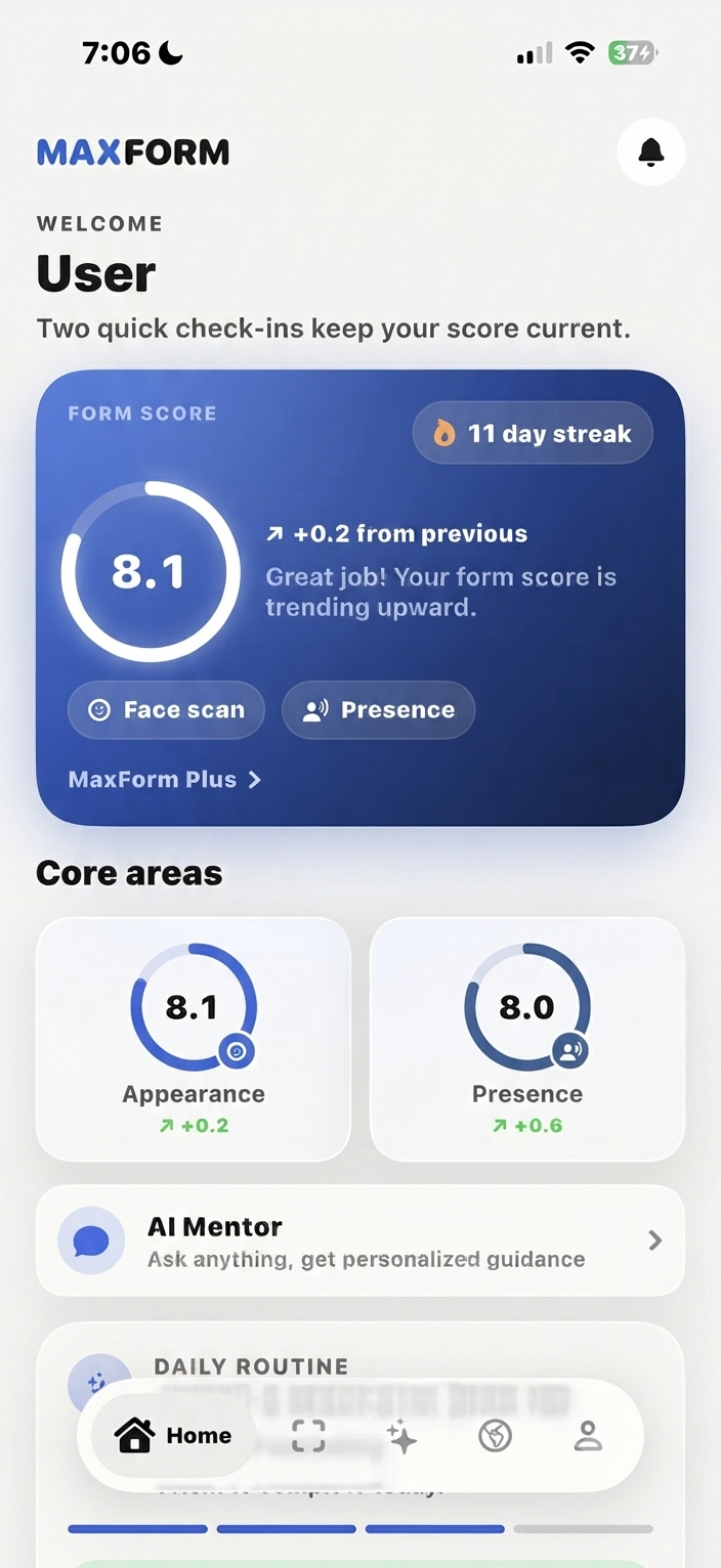 MaxForm home screen showing a form score of 8.1